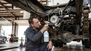 Commercial truck mechanic inspecting air brake lines and chambers for air leaks.