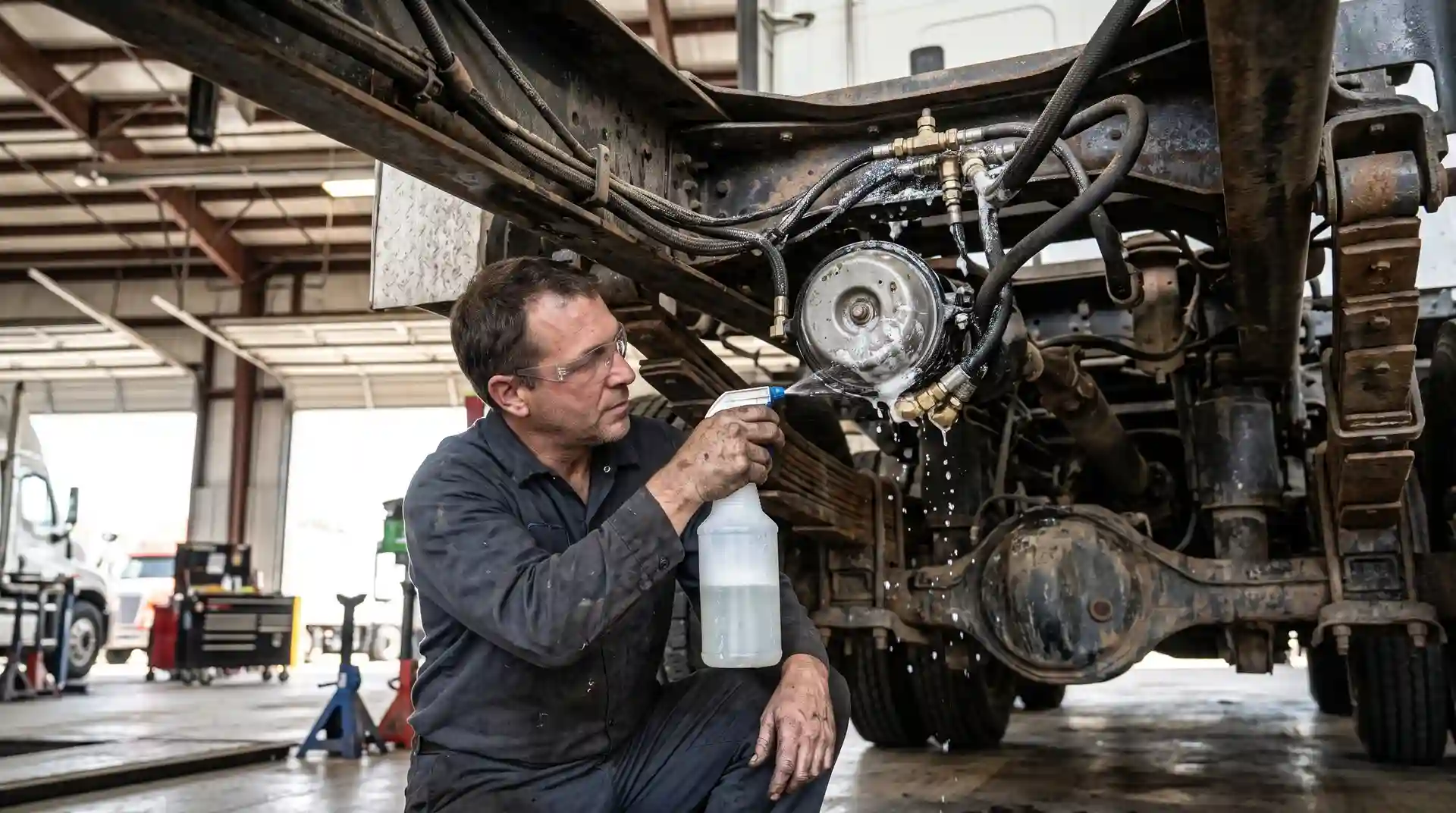 Commercial truck mechanic inspecting air brake lines and chambers for air leaks.