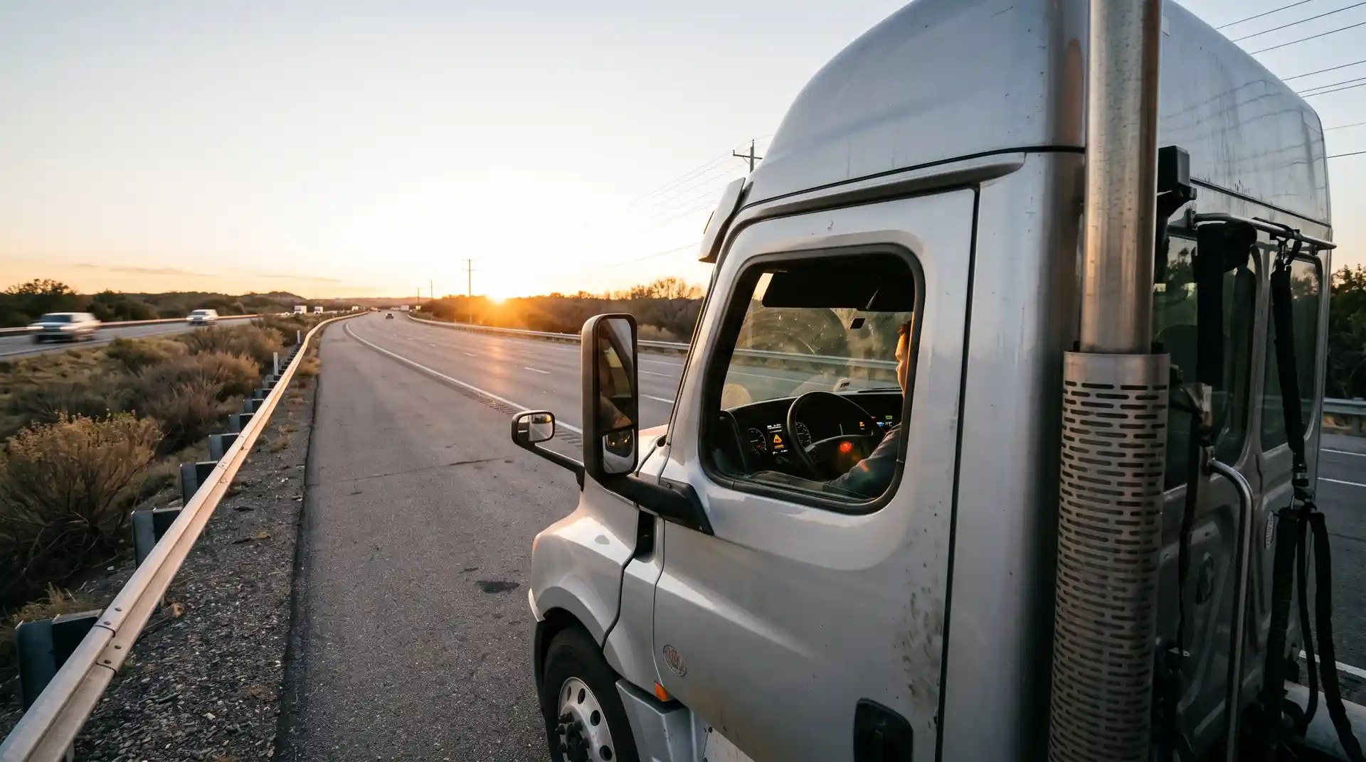 Semi-truck parked safely on highway shoulder undergoing an emergency forced regeneration procedure