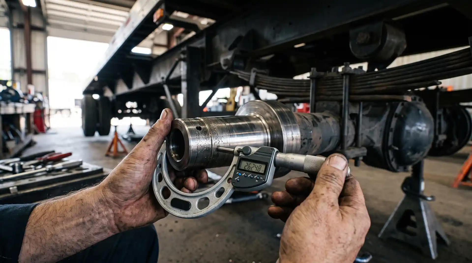 Technician measuring a heavy-duty trailer axle spindle for wear and bearing fitment